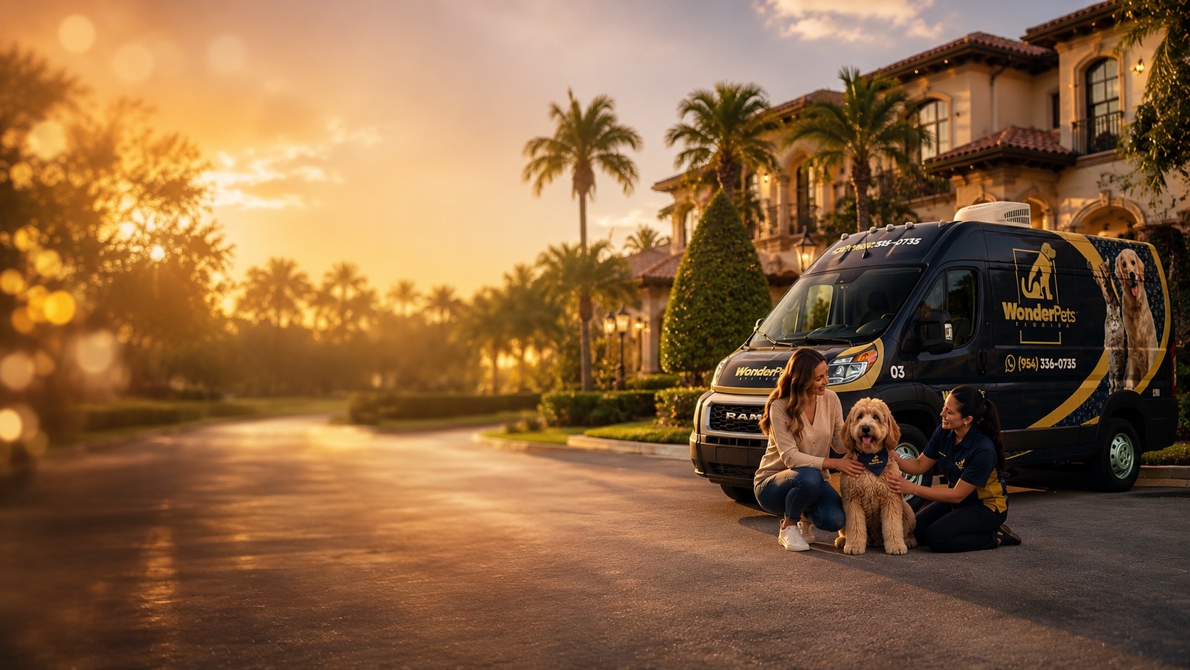 Wonder Pets Florida luxury grooming van at a Florida estate at golden hour with a groomer, client and Goldendoodle
