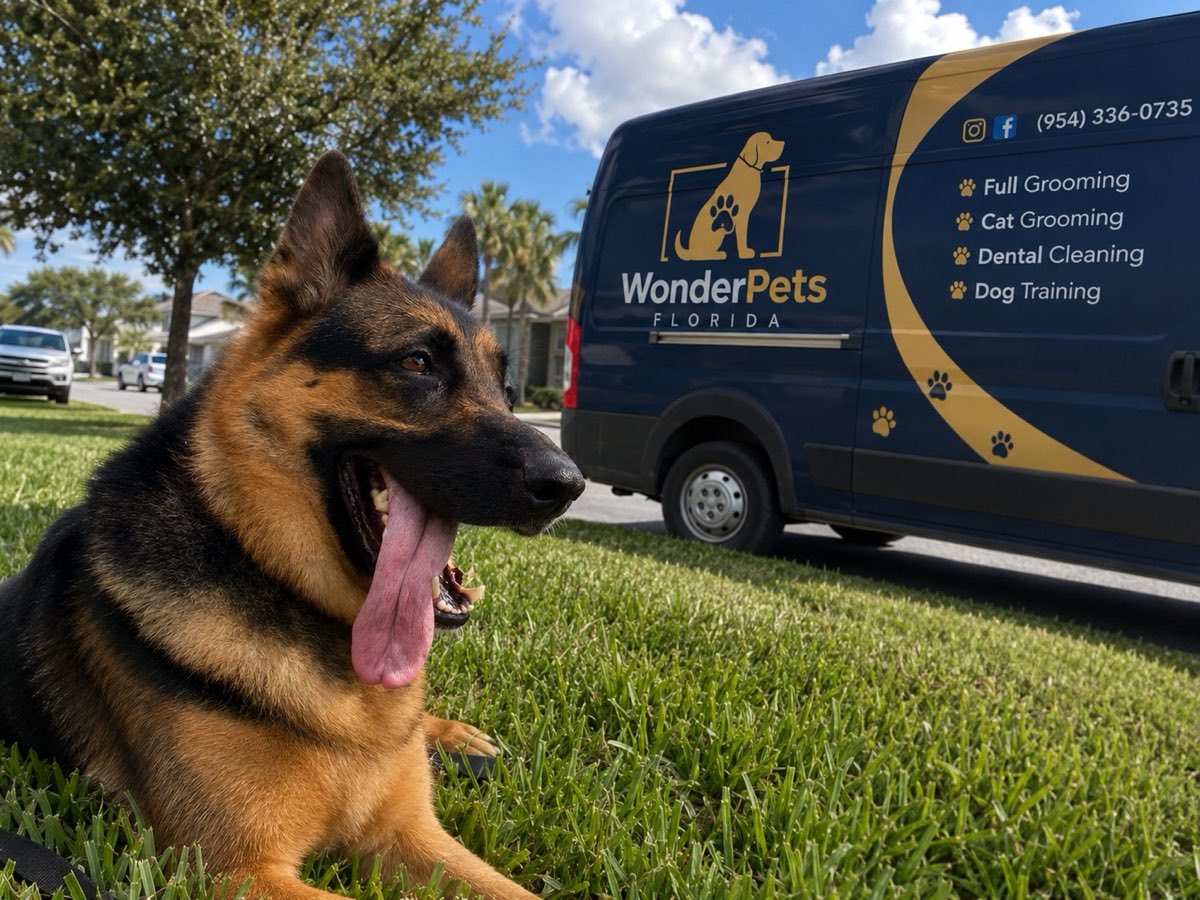 German Shepherd stepping out of the Wonder Pets van